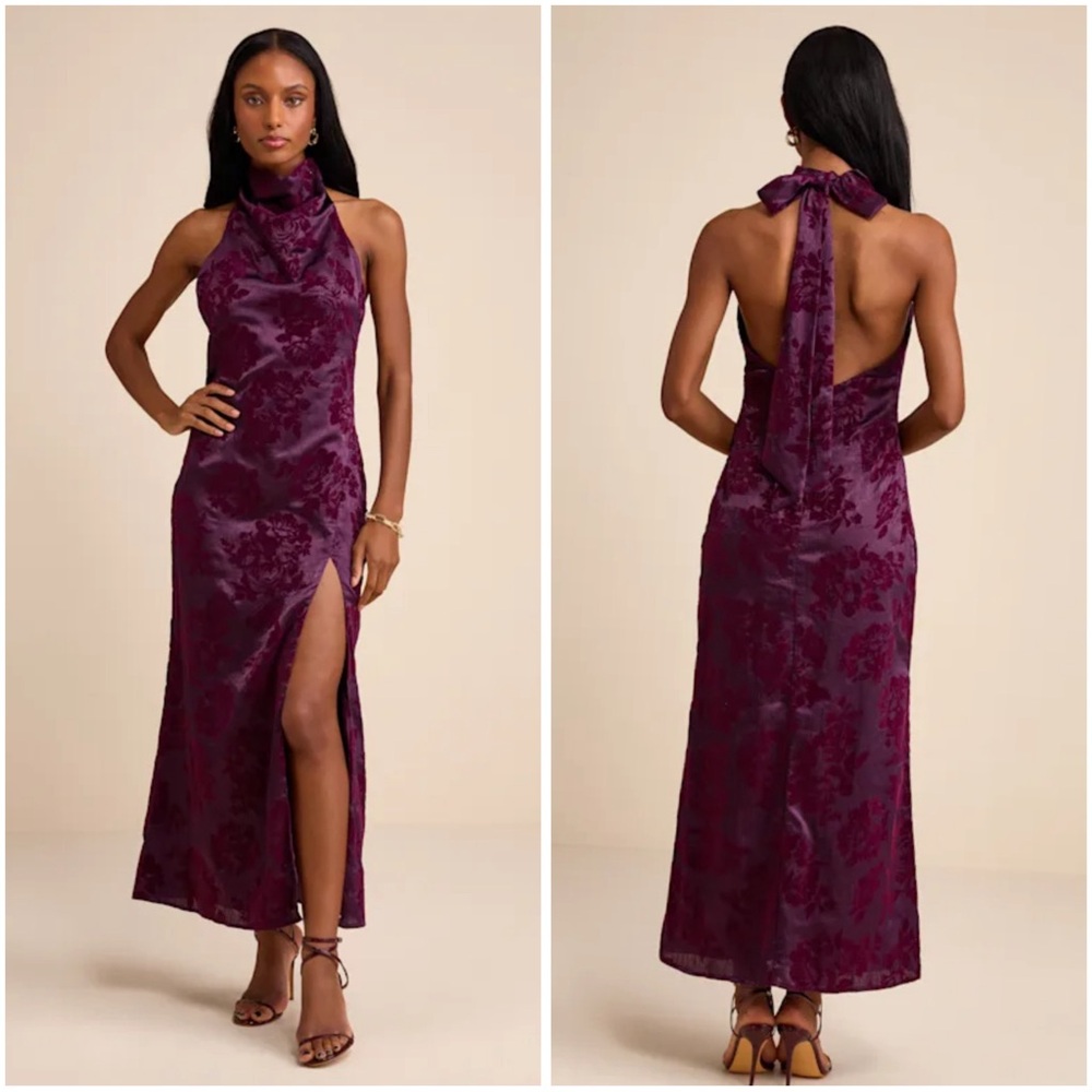Lulus Kyliana Plum purple satin burnout velvet Halter maxi Dress size L New #3G